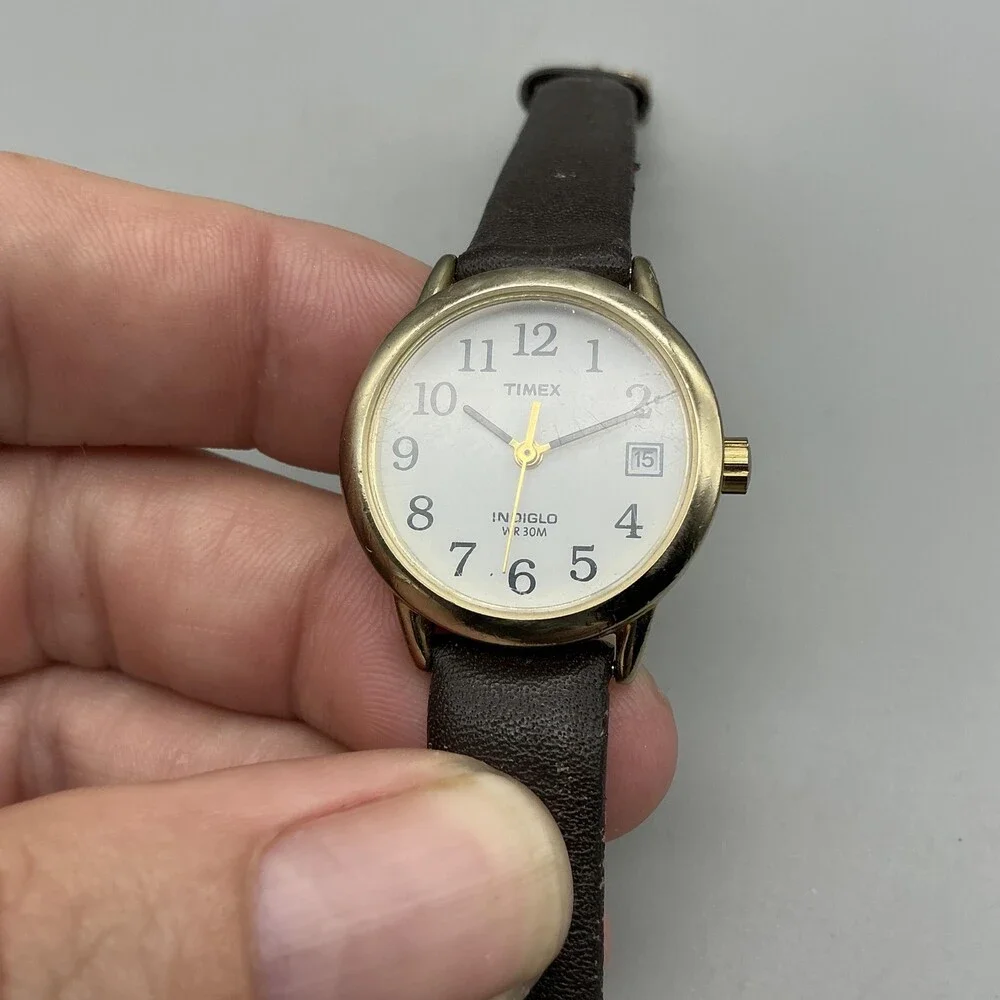 Timex Indiglo Womens Watch 25mm White Dial Leather Date Gold Tone New Battery